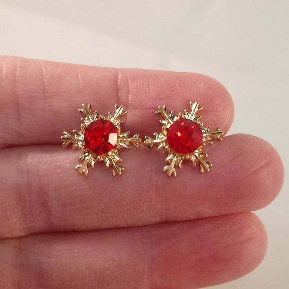 Gold Snowflake Red Zircon Tassel Red Ball Dangle Earrings New Holiday Festive - Picture 3 of 4